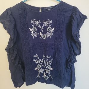 American Eagle Navy Lace Embroidered Ruffle Top Size Large